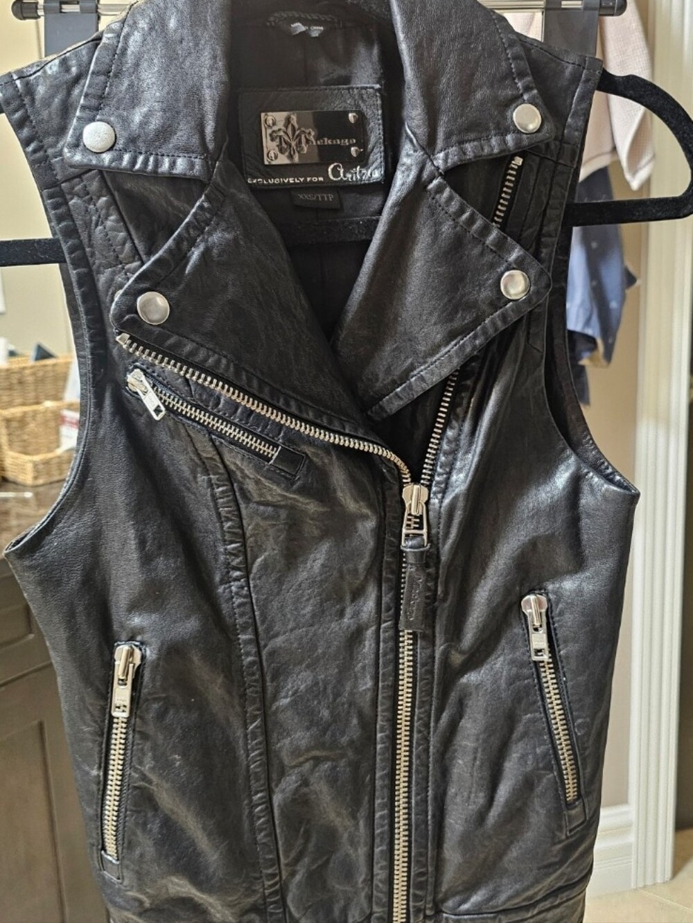 Mackage Black Leather Sleeveless Biker Vest with Silver Zippers